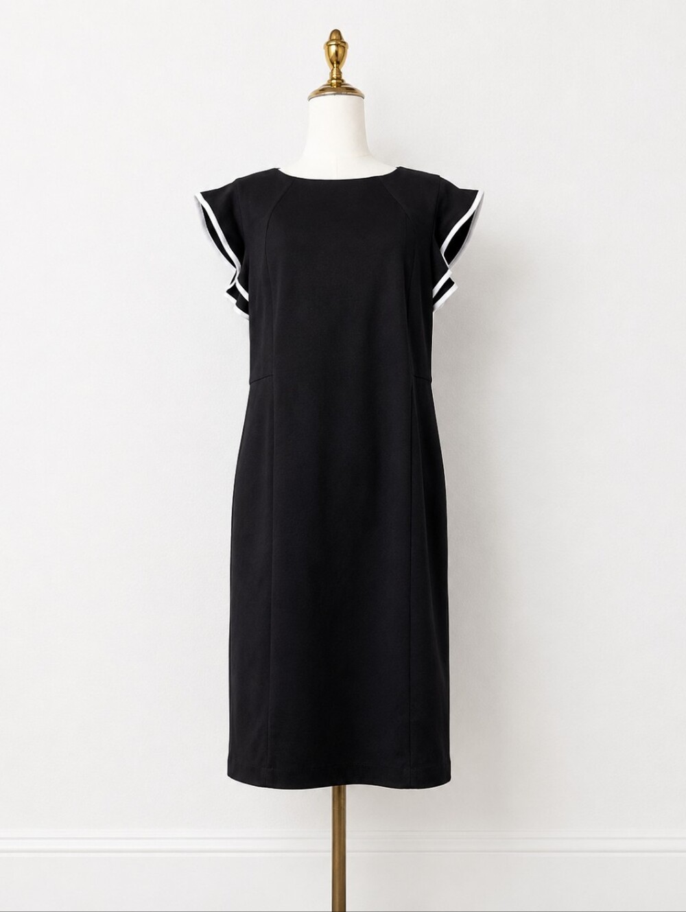 Talbots Black White Trim Dress Petite 16P Flutter Sleeve Office Career Midi